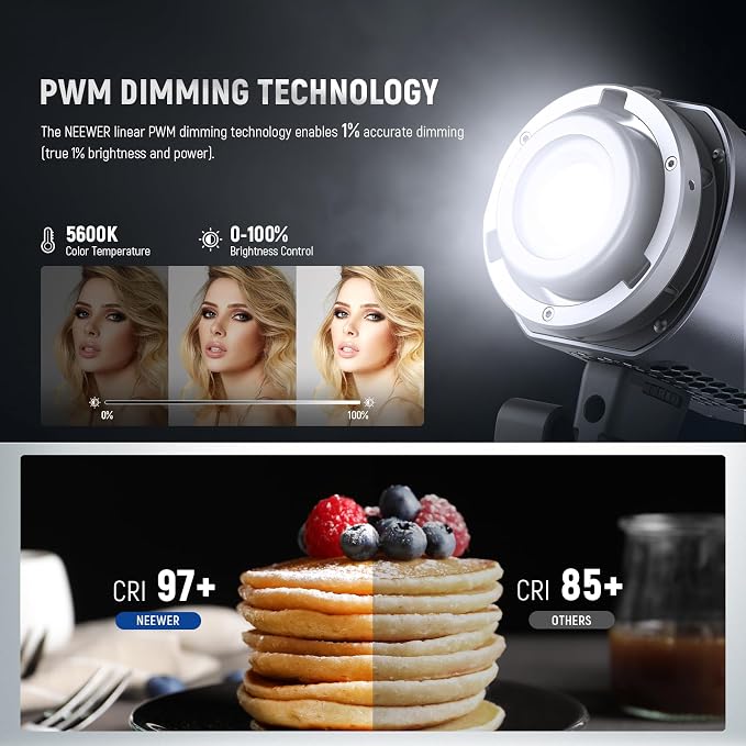 NEEWER MS60 LED Video Light with 2.4G/APP Control, 65W 5600K Daylight Mini COB Continuous Output Lighting, 40000lux/1m, CRI 97+/TLCI 98+, 9 Scenes, 0-100% PWM Dimming, Bowens Mount Adapter - Image 4