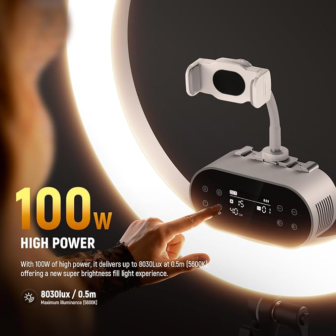NEEWER 19" 100W High Power LED Ring Light with Tripod Stand & 3 Phone Holders Compatible with iPhone, 2900-7000K CRI97+ App&2.4G Control Lighting for Selfie Video Recording Makeup Streaming, RH100B | 100W 19-inch LED ring light with 2900K-7000K CCT and... - Image 2