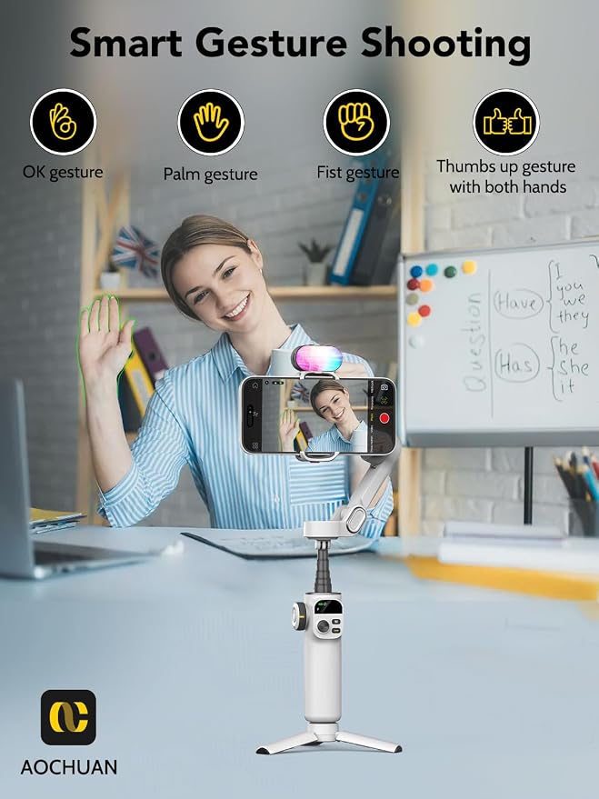 AOCHUAN Smart X2 3-Axis Gimbal Stabilizer for Smartphone with Adjustable RGB Fill Light, Built-in 20cm Extension Pole Selfie Stick, OLED Screen for Night Shots, Video Recording,X2 KIT White - Image 7