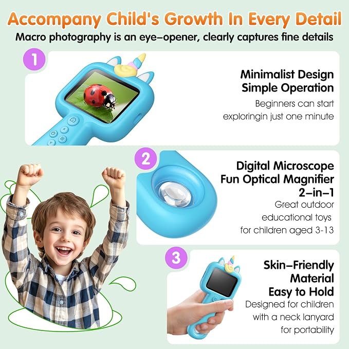 Kids Microscope, 2.4" Screen Handheld Digital Microscope 600X with 4K Camera & 8 LED Lights, Portable Pocket Microscope for Bugs Plants Nature Exploration, STEM Science Toy Gift Ages 3-12（Blue） - Image 6