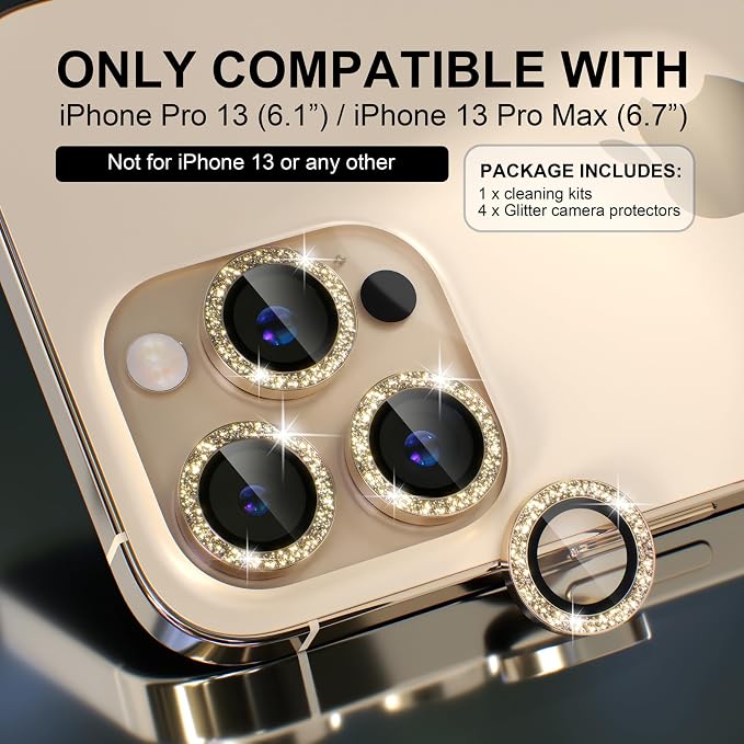 Choiche for iPhone 13 Pro/iPhone 13 Pro Max Camera Lens Protector | Ultra HD, Bling 9H Tempered Glass Camera Cover Screen Protector Metal Ring Decoration Accessories (Glitter-Gold) - Image 2