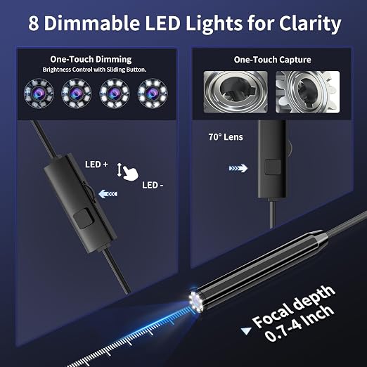 Endoscope Camera with Light, 1920P HD Borescope Inspection Camera | with 8 Adjustable LEDs, IP67 Waterproof Semi-Rigid Snake Cable for Android, iPhone, and iPad(32.8ft, Single Lens) - Image 3