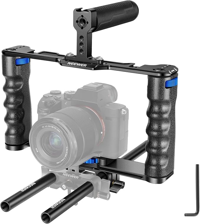 NEEWER Aluminum Alloy Camera Cage, Filmmaking Rig with Top Handle | Dual Grips & Arca Type Base, Compatible with Sony A7S III A7IV A6600 Canon EOS R5C R5 R6 DSLR/Mirrorless Cameras, VS107 Blue by Neewer