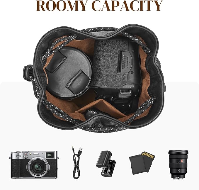 S-ZONESoft Leather Camera Insert Bag Drawstring Camera Pouch DSLR Lens Case | Top Grain Lambskin Leather, Drawstring Closure, Dust-proof, Scratch-resistant, Compatible with Canon Nikon Sony - Image 3