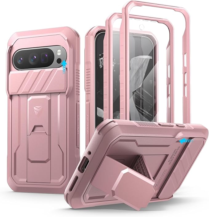 Dexnor for Google Pixel 9 Pro Case with Slide Camera Cover & Built-in Screen Protector & Heavy-Duty Kickstand,Full-Body Protective Cover Rugged Bumper Cases for Pixel 9 Pro,Peony Pink(2024) by Dexnor