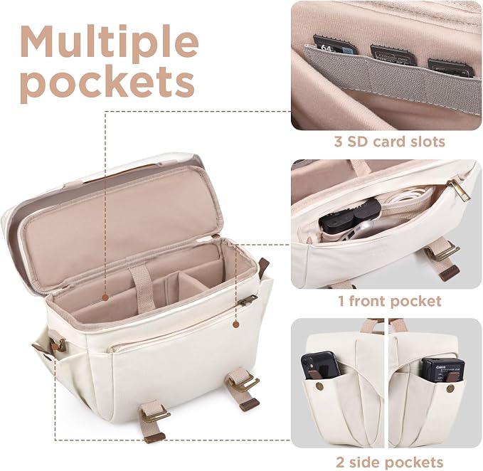 SMRITI Canvas Camera Bag Small- DSLR/SLR Waterproof Camera Bag for Canon/Sony/Nikon/Fuji, Cute Camera Sling Bag with Rain Cover, Travel Crossbody Camera Case Bag for Women Men Photographer (White) - Image 5