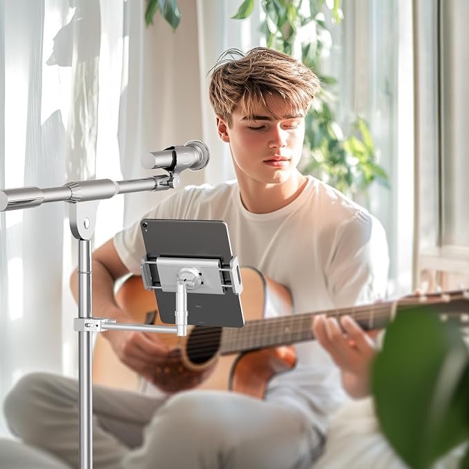 elitehood iPad Holder for Mic Stand, Aluminum Side Mount iPad Music Stand | 360° Swivel Tilt Adjustable Tablet Holder for Microphone Stand, Heavy Duty iPad Clip Attachment for 4.7-13in Tablets, Silver - Image 8