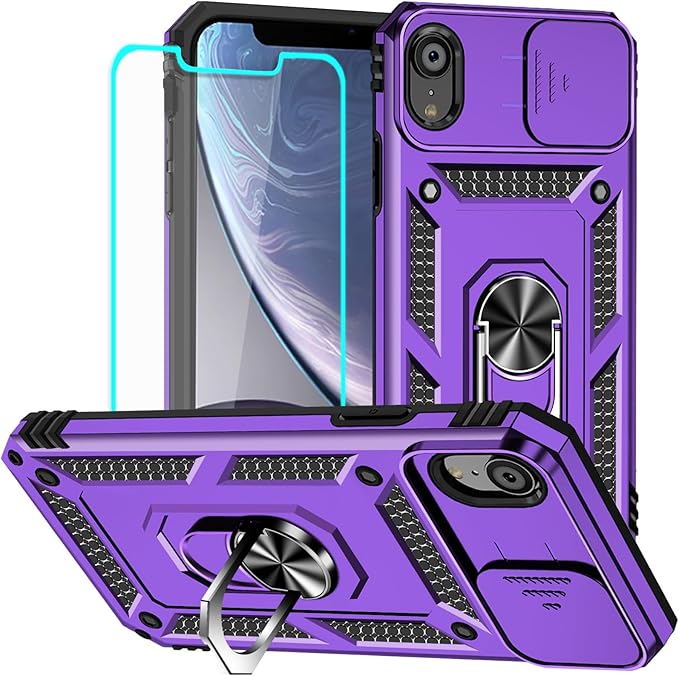 HNHYGETE for iPhone XR Phone Case with HD Screen Protector: [Military Grade 20ft. Drop Tested] Slide Camera Cover Ring Shockproof Protective Phone Case for - iPhone XR (Purple) by HNHYGETE