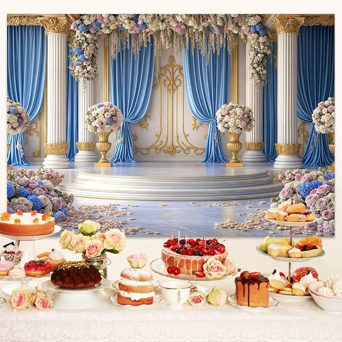 10X6.5ft Luxurious Blue and White Floral Backdrop for Photography Castle Palace Wedding Party Decortion Elegant Flowers Backdrop Wedding Birthday Party Decorations Bridal Shower Backdrops Studio Props - Image 4