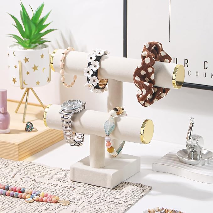 Bracelet Holder,Bracelet Display Stand with Metal Cap,Velvet Jewelry Organizer Displays for Necklace Scrunchies Watches Hair Ties. (Beige, 2 tier) - Image 4