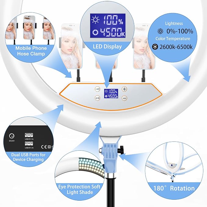MACTREM Blue 22" Ring Light for iPad iPhone with 75" Tripod Stand Barber | LCDisplay,2 Usb Ports, Fits Ipad/Tablet 12.9", 2600k-6500k Color Temperature, For Barber/Tattoo Tiktok Video Recording Vlog - Image 5