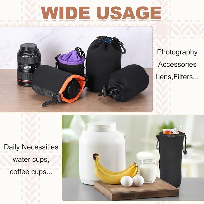 PATIKIL 2 Pcs Camera Lens Pouch, 4" ID x 6" H Drawstring Orange Interior Lens Pouch Protective Camera Lens Case Bag Soft Plush Neoprene Bag for DSLR Photography Gear, Black/Purple - Image 6