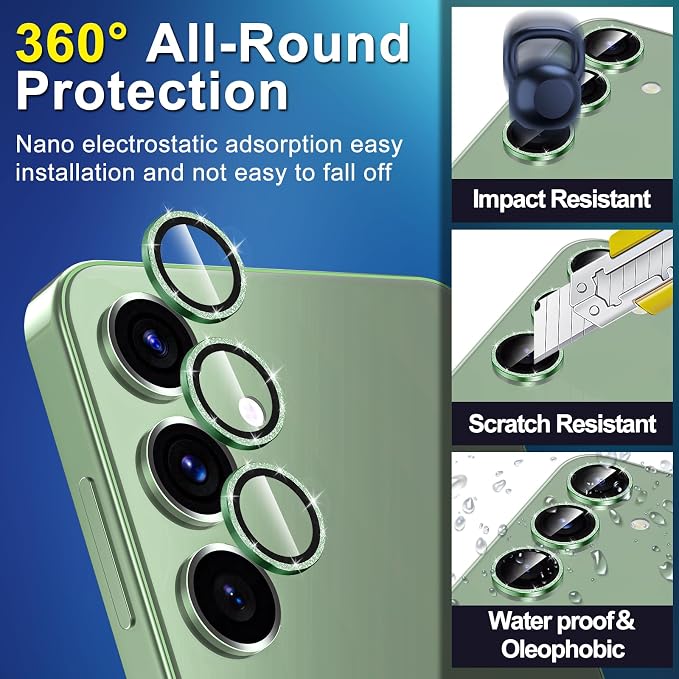 for Samsung Galaxy S24 Camera Lens Protector, Individual Metal Ring Tempered Glass Lens Cover, [Strong Adsorption] Scratch Resistant Ultra-Thin HD Clear Lens Cover, 2 Set-Green Sparkly - Image 3