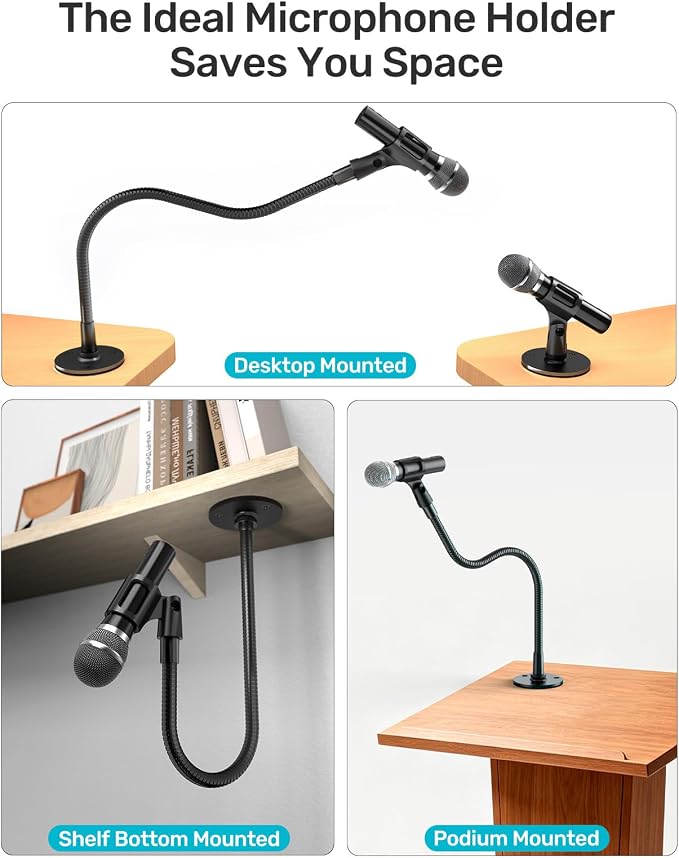 19-Inch Gooseneck Microphone Stand, Desktop & Wall Mount with Flange Base | Flexible Gooseneck Mic Arm, Heavy Duty Steel, Flange Mount Base, for Podium, Studio, Lecture, Podcast, Gaming, Streaming - Image 2