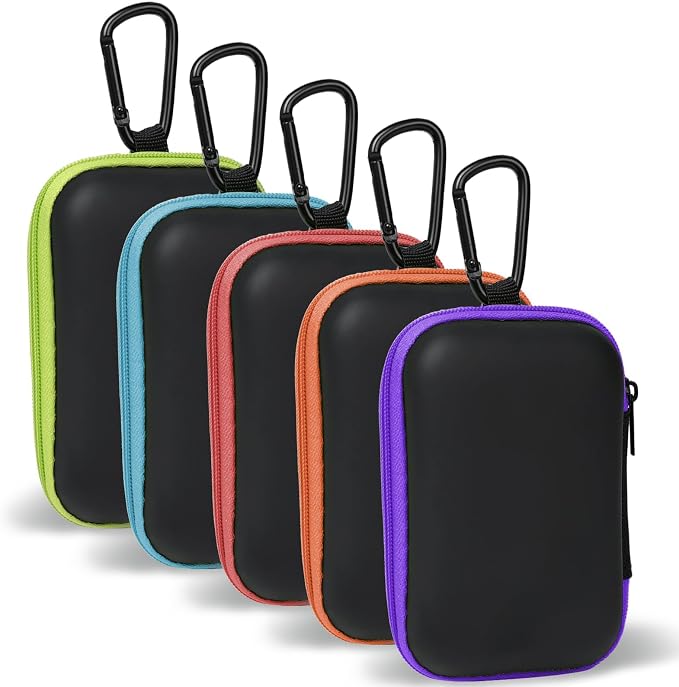 5 Pack Earbud Case Storage Bag with Carabiner, Rectangle | Portable EVA Carrying Case, For Wired/Wireless Headphones, SD Card Storage, Camera Chip by MOLOVACase