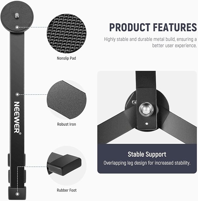 NEEWER Metal Mini Tripod Base for TL120C TL60 CL124 Tube Light Wand Stick, Extra Stable Foldable Handheld Tripod Legs Feet Tabletop Light Stand with 1/4" Screw, Silicone Pad, 3"/8cm Low Angle, CTN5 - Image 3