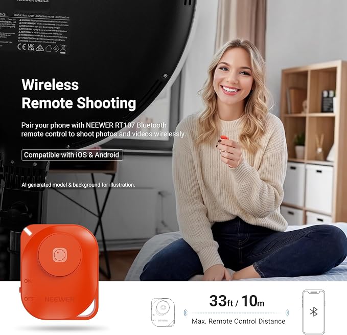 NEEWER BASICS 12" Large Ring Light with 63" Tripod Stand/Phone Holder/Remote Compatible with iPhone, 15W LED Bi Color Full Screen Lighting for Video Recording Selfie Streaming Makeup Photography, R12L - Image 5