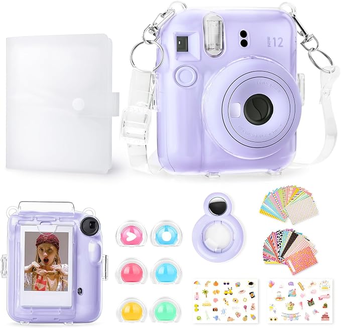 Rieibi Accessories for Fujifilm mini 12, Gift Bundle Includes Clear Mini 12 Case with Strap, Photo Album, Selfie Mirror, DIY Stickers, Color Filter (No Camera) - Purple by Rieibi