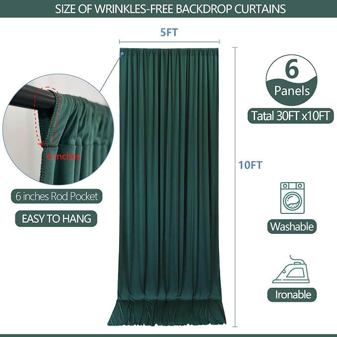 30x10ft Wrinkle Free Hunter Green Backdrop Curtain for Parties Soft Fabric Drapes Wedding Dark Green Curtain Backdrop for Birthday Party Decorations Background for Photography 5x10ft,6 Panels - Image 5