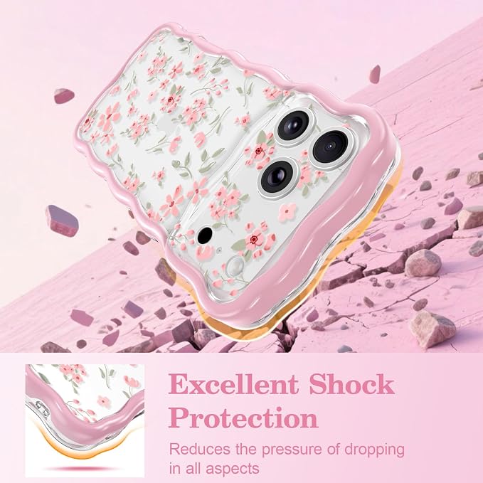 QLTYPRI for iPhone 17 Pro Max Pink Flower Case, Clear Cute Pink Floral Flower Phone Case Curly Wavy Aesthetic Phone Cover, Soft Slim Transparent TPU Shockproof Protective Cover for Women Girls - Pink - Image 4