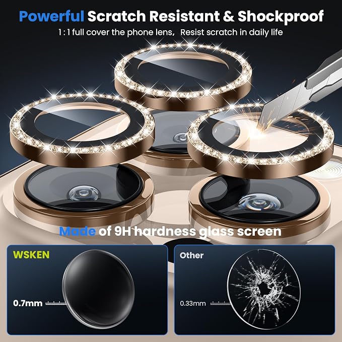 WSKEN for iPhone 16 Pro/iPhone 16 Pro Max Camera Lens Protector | Original Shooting Mode, Individual Metal Cover Film, Shatterproof HD Tempered Glass Camera Screen Protector, Glitter Gold - Image 3