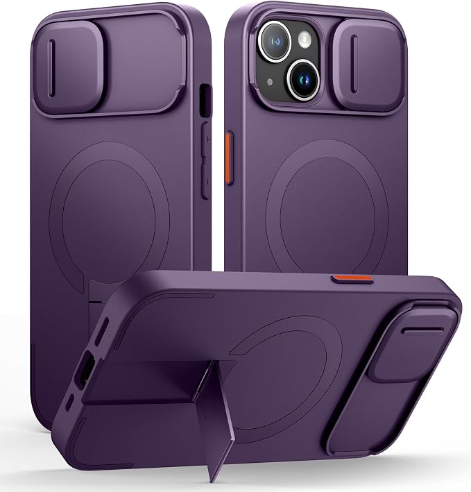 SURITCH for iPhone 13/14 Case with Magnetic Camera Slide Cover and Adjustable Kickstand, Compatible with MagSafe, Shockproof Bumper Case Slim Protective Cover for iPhone 13/14 6.1 Inch, Dark Purple by SURITCH