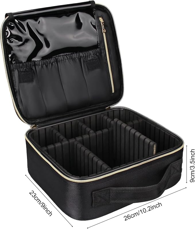 Relavel Travel Makeup Train Case Makeup Cosmetic Case Organizer Portable Artist Storage Bag with Adjustable Dividers for Cosmetics Makeup Brushes Toiletry, Black with Gold Zipper - Image 4