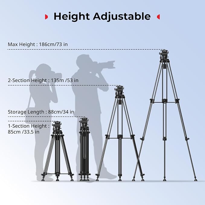 SMALLRIG 73''/186cm Heavy Duty Aluminum Alloy Video Tripod, Max Load 8kg (18lbs), Fluid Head with +85° to -78 Tilt Range, Compact Travel Tripod Weight 3.1kg(6.8lbs), Folded Height 88cm, AD-14 - Image 6