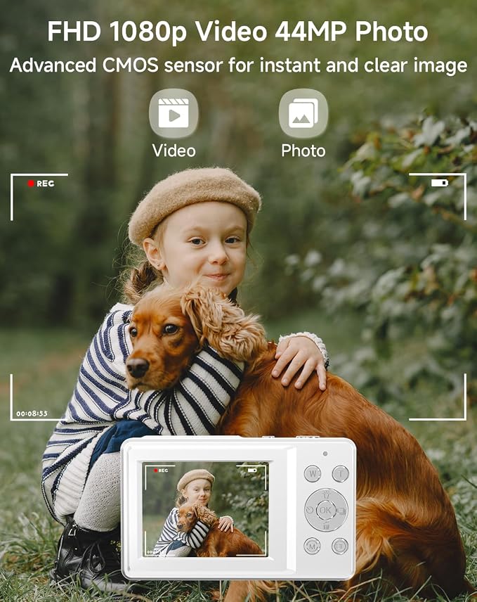 Digital Camera for Kids, FHD 1080P 44MP Point and Shoot Digital Camera with Face Detect, Smile Capture, 16X Zoom, 20 Filters, Anti Shake, 32GB SD Card White Compact Vintage Camera for Kids Boys Girls - Image 2