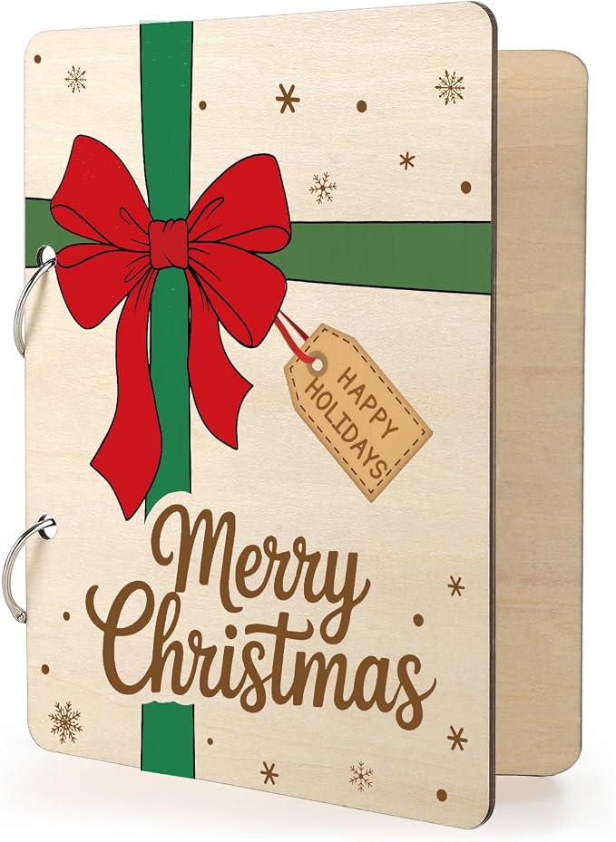 Wooden Christmas Card Keeper Binder Merry Christmas Greeting Card Holder with Rings Xmas Holiday Post Cards Organizer Wood Memories Book for Storage Keepsake Album Photo Notes Gift Winter Past Notes by Sophena