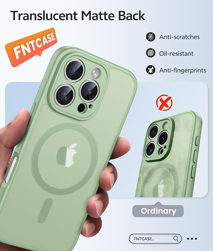 FNTCASE for iPhone 16 Pro Max Case, Fit for Magsafe, Glass Screen Protector | Full Camera Protection, Translucent Matte, 14FT Military Grade Drop Proof, Shockproof Protective Phone Cover, Light Moss - Image 6