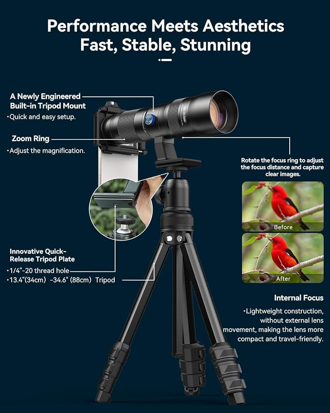 20-60X Zoom Telephoto Lens, Evil Eye High Power HD Telephoto Phone Lens with Tripod and Universal Phone Clip for iPhone 16/15/14/13 Series, Samsung, Android Phone and Most Smartphone - Image 8