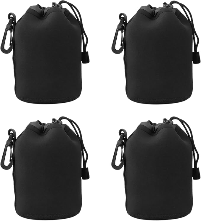 Camera Lens Bag, 4 Pack Protective Neoprene Lens Pouch with Drawstring & Carabiner, Lens Case for DSLR Camera Lens(S/M/L/XL) (M 4pcs) by Unknown