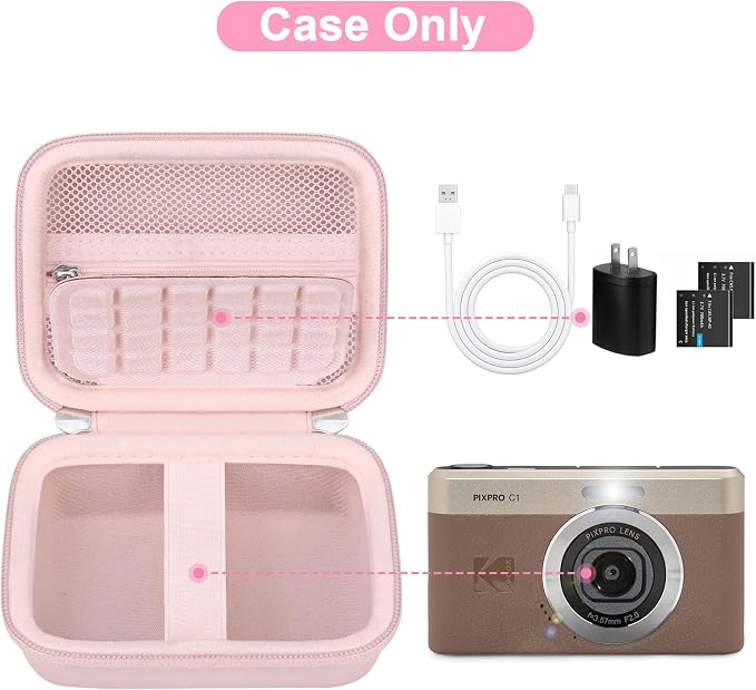 Canboc Carrying Case for KODAK PIXPRO C1 Friendly Zoom Digital Camera | For Canon PowerShot ELPH 360 HS A/ 360 HS/ 360/ IXY 650 Digital Camera, Mesh Pocket fit Cable, SD Card, Pink (Case Only) - Image 2
