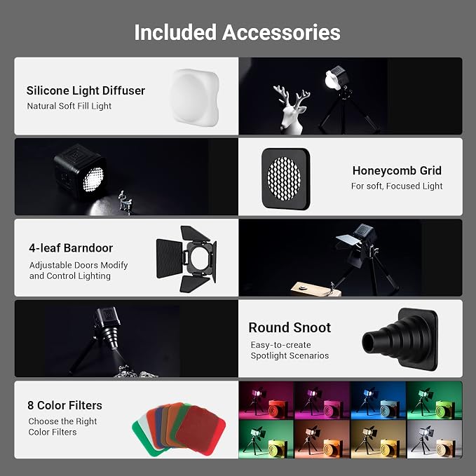 SmallRig RM01 Mini LED Video Lighting Kit, Lume Cube Portable Camera Light | Dimmable 5600K CRI95, Waterproof, with 8 Color Filters, Barndoor, Diffuser, for Action Cam, Macro Photography, Stop Motion - Image 7