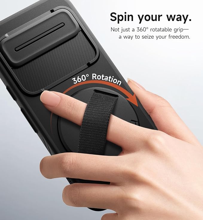 SURITCH for Google Pixel 9a Case with 360° Rotatable Hand Strap Phone Grip Holder & Invisible Kickstand & Slide Camera Cover, Slim Rugged Shockproof Protective Cover for Pixel 9a, Black - Image 3