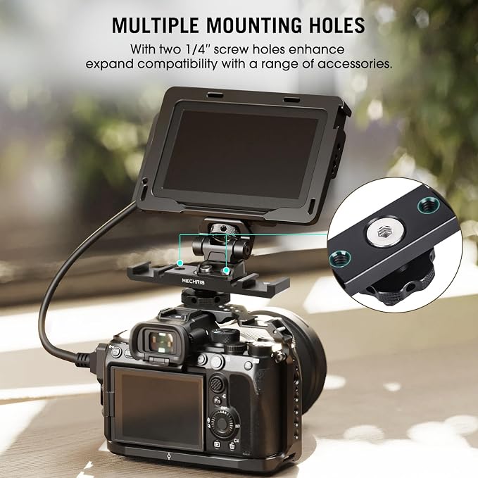 Dual Cold Shoe Extension Bar Mount, Aluminum Dual Hot Shoe Mount Bracket with 1/4" Thread & Cable Slot, Cold Shoe Bracket for DSLR Camera LED Video Light Microphone Monitor (62034) - Image 3
