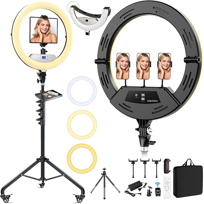 18" Ring Light with Stand: Lockable Wheels, LED Display & Foldable, | 75" Tripod Stand,3 Color modes 6500K / 2 USB Ports Large Ringlight , Video Recording Live Tattoo Makeup Barber Photography by Auriani