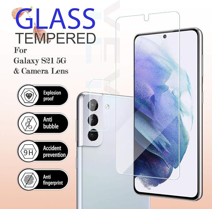 Galaxy S21 HD Clear Tempered Glass Screen Protector + Camera Lens Protectors, [2+2 Pack] [3D Glass] [Fingerprint Support] Screen Protector Glass For Samsung Galaxy S21 - Image 2