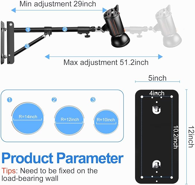 EMART Ring Light Wall Mount Boom Arm, Adjustable 51in/130cm Mounted Overhead Stand, 180°Rotation Heavy Duty Triangle Bracket Mounting Bar for Camera, Photography Lighting, Barber Led Lamp - Image 5