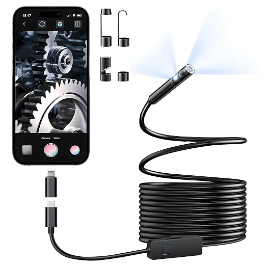 [Dual-Lens] Endoscope Camera with Light, 1920P HD Borescope with 8+1 Adjustable LED Lights, IP67 Waterproof 16.5FT Semi-Rigid Snake Cord Inspection Camera for iPhone, iPad and Android Phone (Type C) by Elecshion