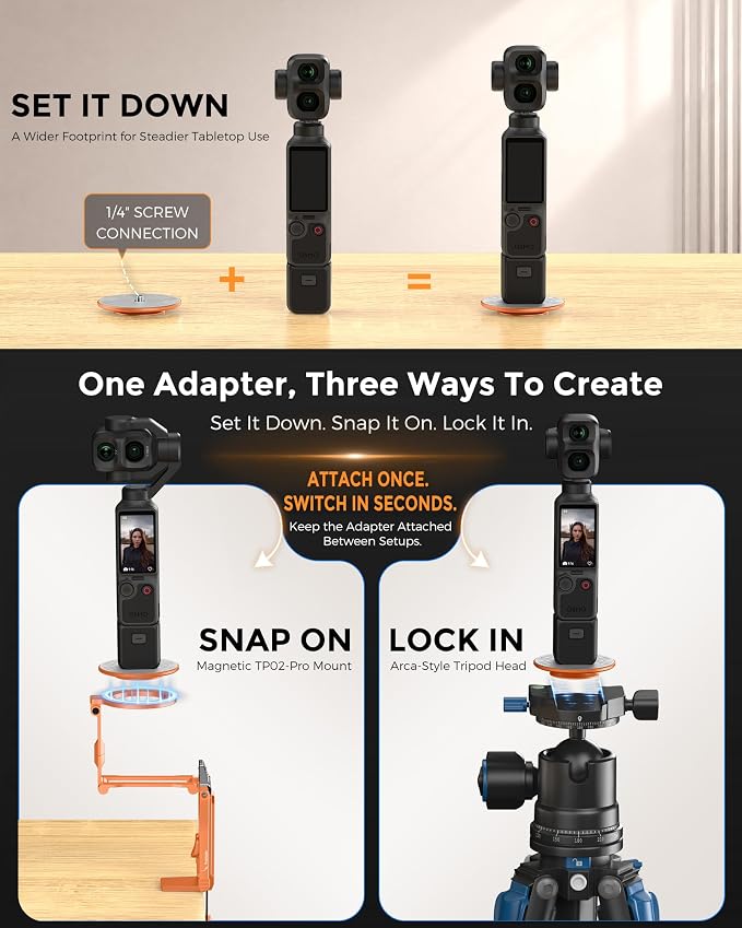 OMOTON TP02-Ultra Multi-Device Camera & Phone Mount with 1/4"Adapter Orange | Built-In 1/4" & Arca Base, Clamp, Magnetic & Tripod Setups for iPhone, Pocket/Action Cameras, Overhead & Low-Angle Filming - Image 4