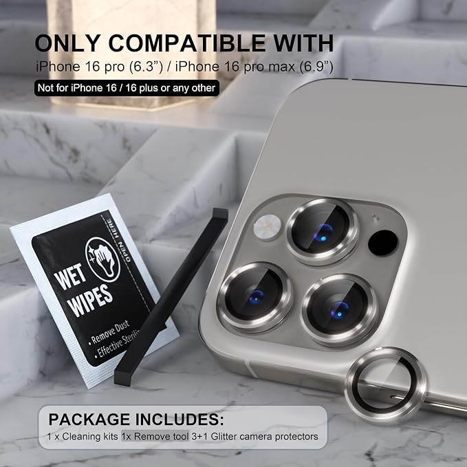 Choiche for iPhone 16 Pro/iPhone 16 Pro Max Camera Lens Protector | Ultra HD, 9H Tempered Glass Camera Cover Screen Protector Metal Ring Decoration Accessories (Titanium Natural) - Image 2