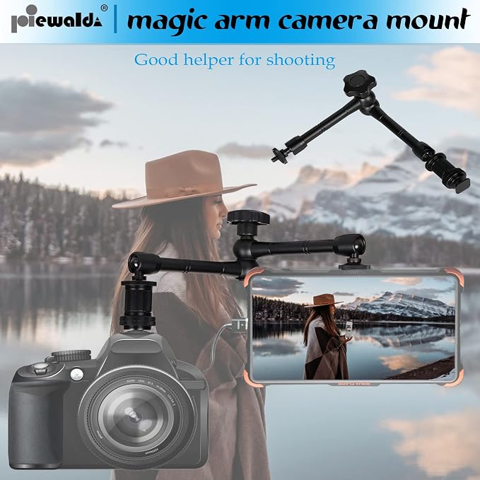 Niewalda 11" Articulating Magic Arm with 1/4" & 3/8" Threaded Super Clip | with Phone Clip/Tripod Mount Adapter for Various Action Camera /DSLR/Cell Phone /Vlogging and LCD Monitor/LED Lights Mount - Image 6
