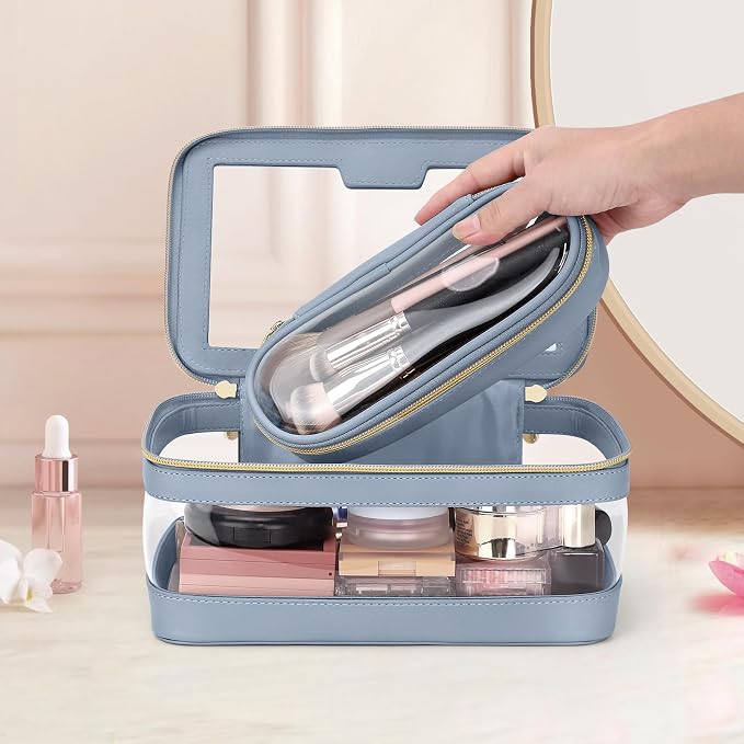 Soimeat Clear Travel Makeup Brush Holder, Leather Makeup Brush Toiletry Bag, Portable Cosmetic Brush Case, Transparent Waterproof Makeup Brush Storage Bag, Blue - Image 7