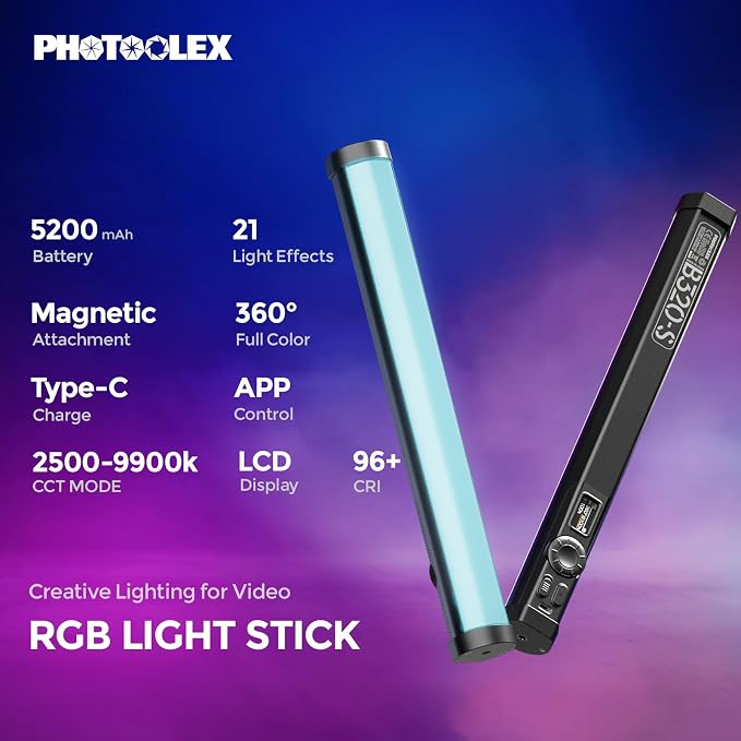 PHOTOOLEX Magnetic Light Wand, 360° RGB Tube Light, LED Video Light Stick | 10W/Full Color/CRI 96+/TLCI 97+/2500K-9900K/21 Scenes/Handheld/5200mAh, for Studio Photography Vlog Recording Streaming - Image 2