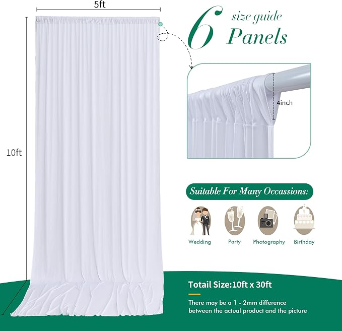 30 ft x 10 ft Wrinkle Free White Backdrop Curtain for Wedding Parties, Polyester Photo Backdrop Drapes for Baby Shower Birthday Party Backdrop Stand, Bulk Thick Background Curtains, 5x10FT 6 Panels - Image 7
