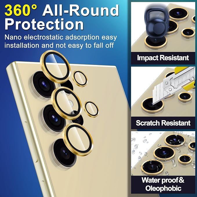 for Samsung Galaxy S24 Ultra Camera Lens Protector, Individual Metal Ring Tempered Glass Lens Cover, [Strong Adsorption] Scratch Resistant Ultra-Thin HD Clear Lens Cover, 2 Sets-Gold - Image 3