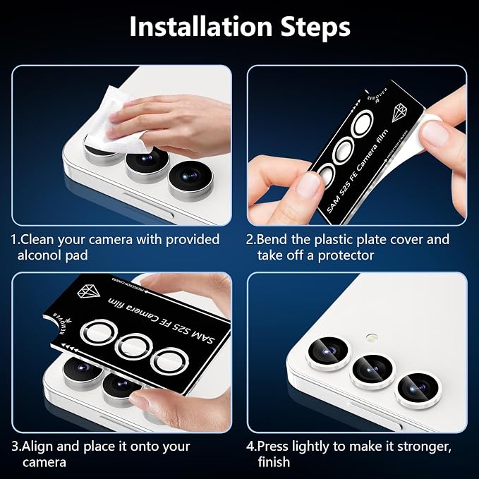 for Samsung Galaxy S25 FE Camera Lens Protector, Individual Metal Ring Tempered Glass Lens Cover, [Strong Adsorption] Scratch Resistant Ultra-Thin HD Clear Lens Cover, 1 Set-White Shine - Image 6