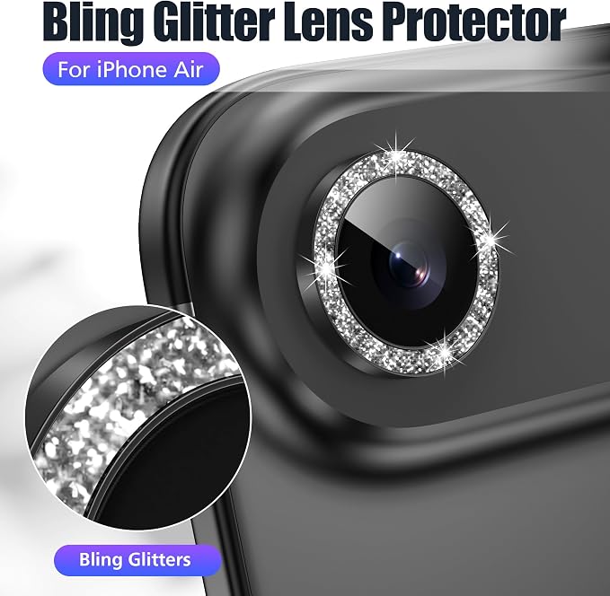 AGVEE 3+3 6 Pack for iPhone Air Camera Lens Protector Cover | Individual Bling Diamond & Bling Glitter Sparkle Cute Gem Metal Ring, 9H Tempered HD Glass - Image 5